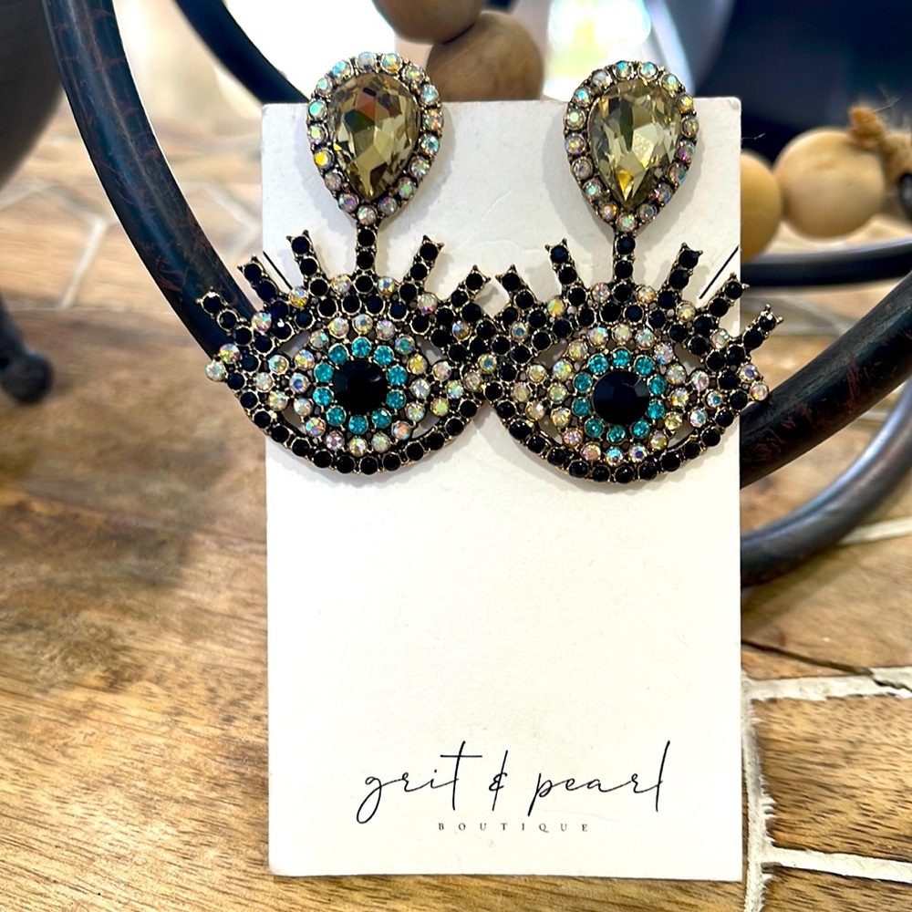 Clear evil eye glam earrings